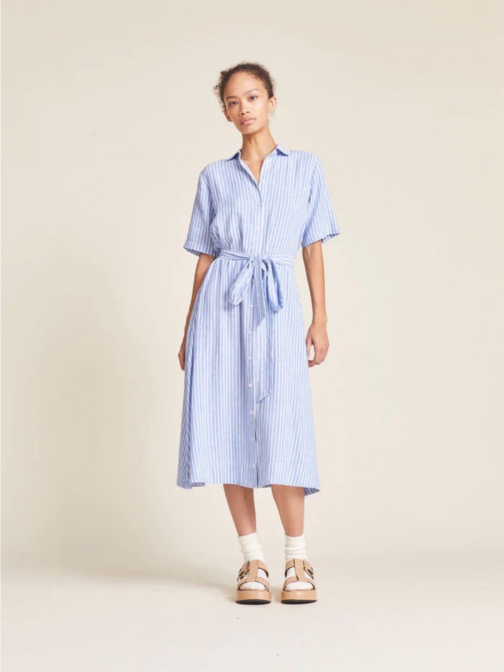 Birds of Paradise by Trovata Kat Dress Linen Viscose Blue White Stripe L Large